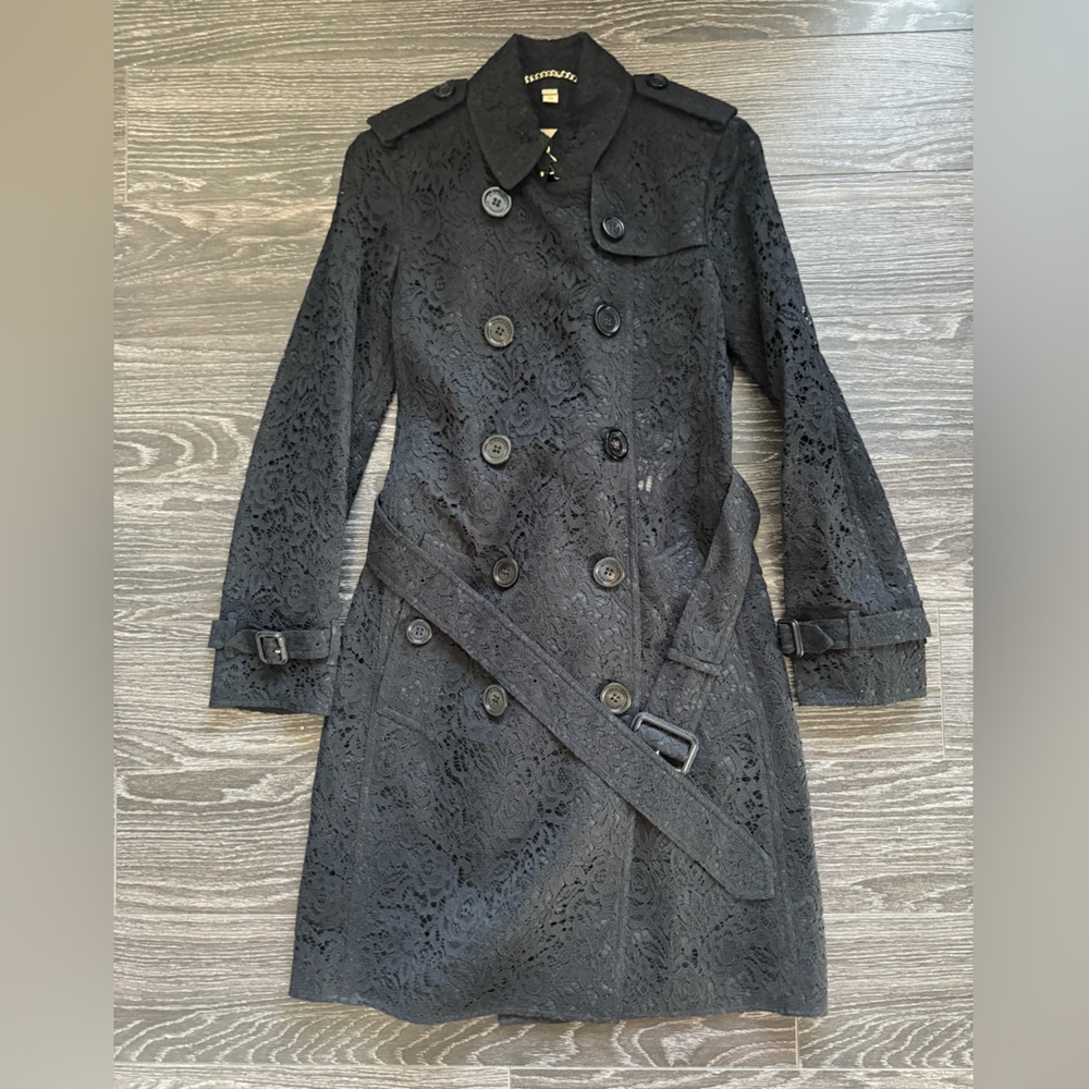 Burberry London floral lace black trench coat